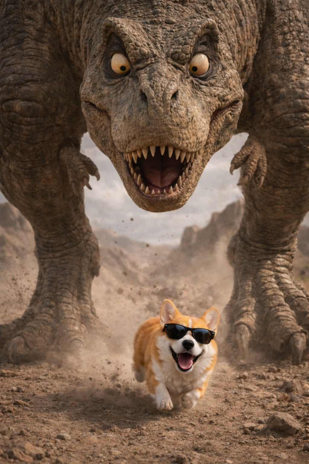 Shades Corgi sprinting away while a giant dinosaur charges close behind