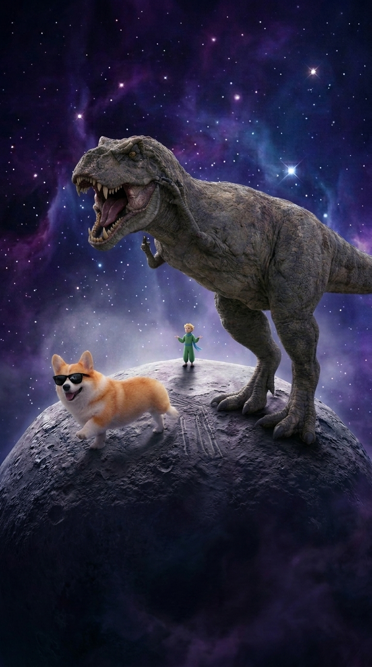 Shades Corgi and a towering T-Rex standing on a tiny planet in a Little Prince inspired star field