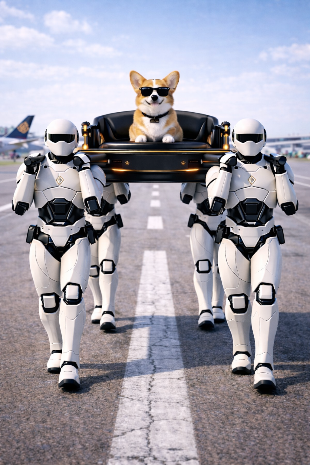 Shades Corgi riding in style while two futuristic robots escort the chair down an airport runway
