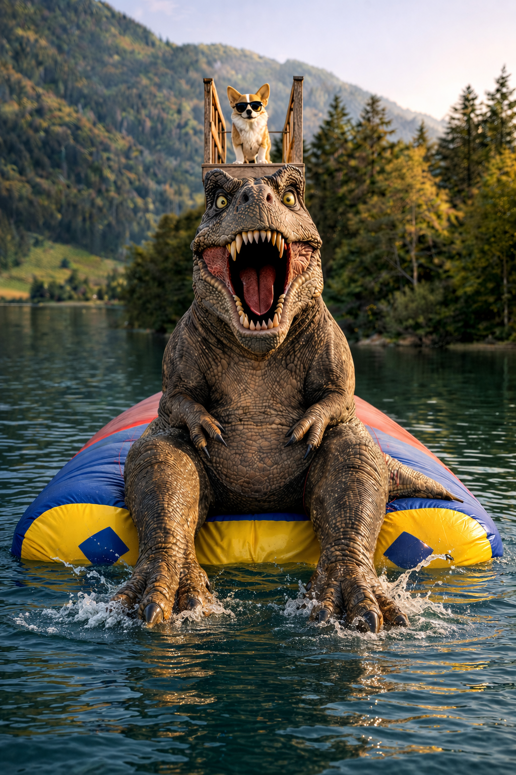 Shades Corgi riding high above a roaring T-Rex on a raft in a mountain lake