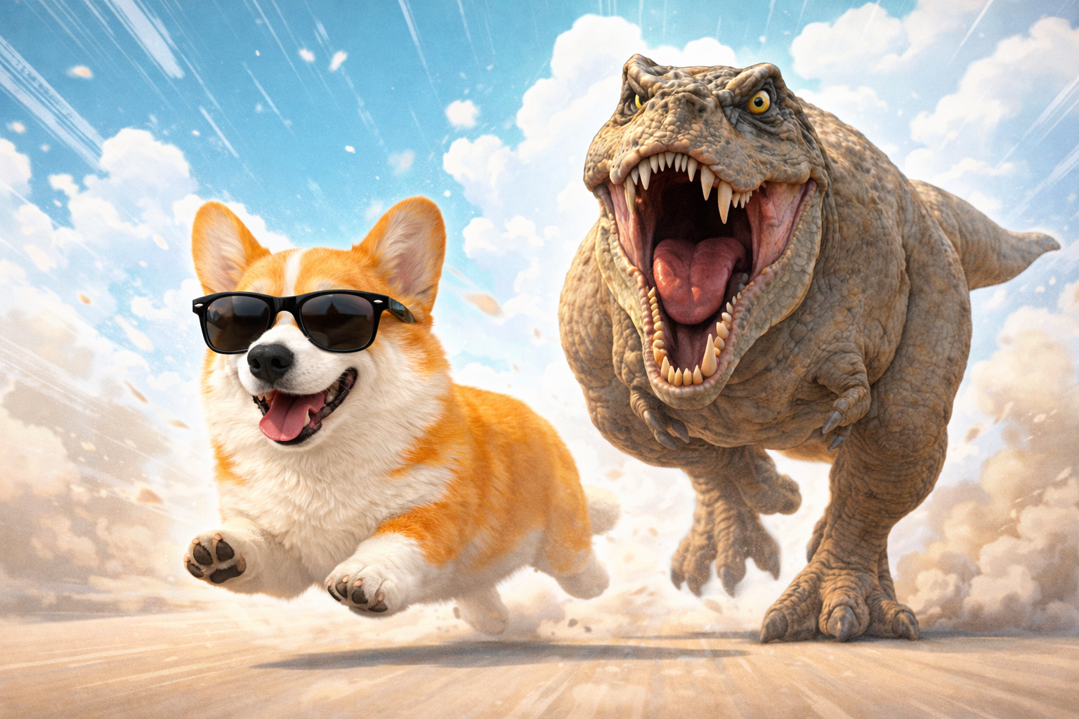 Shades Corgi racing forward in sunglasses while a roaring T-Rex charges close behind