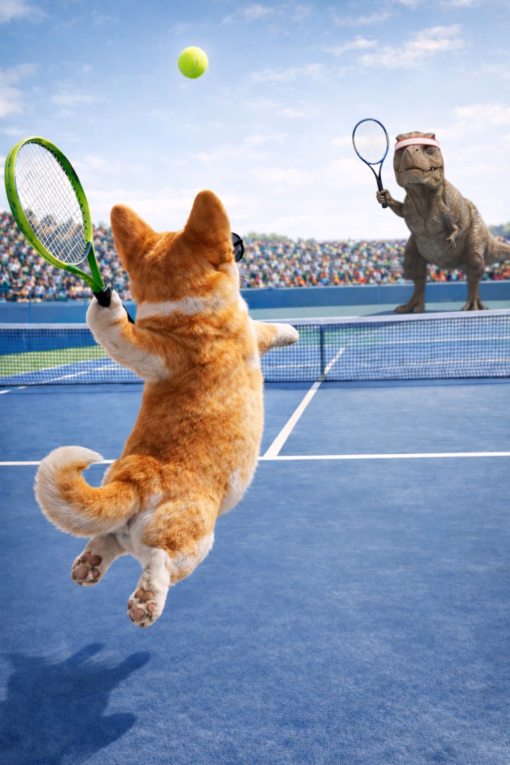 Shades Corgi playing tennis against T-Rex